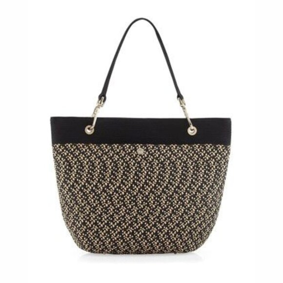 Eric Javits - Squishee Two-Tone Tote Bag | Tan & Black Woven | ~15.5 x 3 x 12 - Picture 1 of 17
